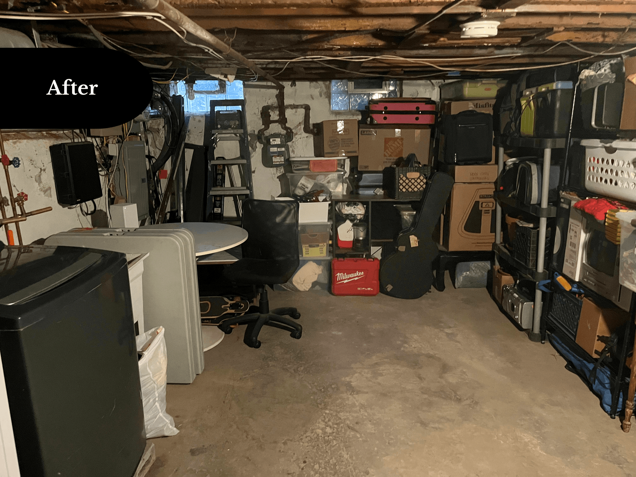 Same basement cleared with installed storage system after transformation