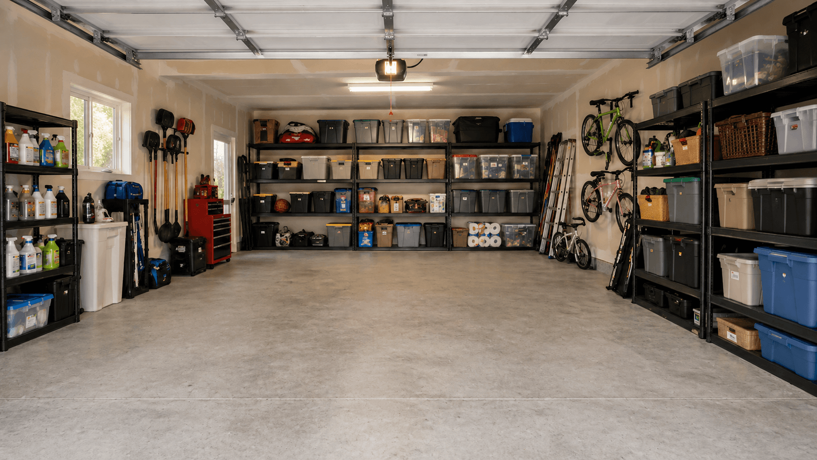 Fully organized two-car garage with tote shelving, mounted bikes, and clean concrete floor
