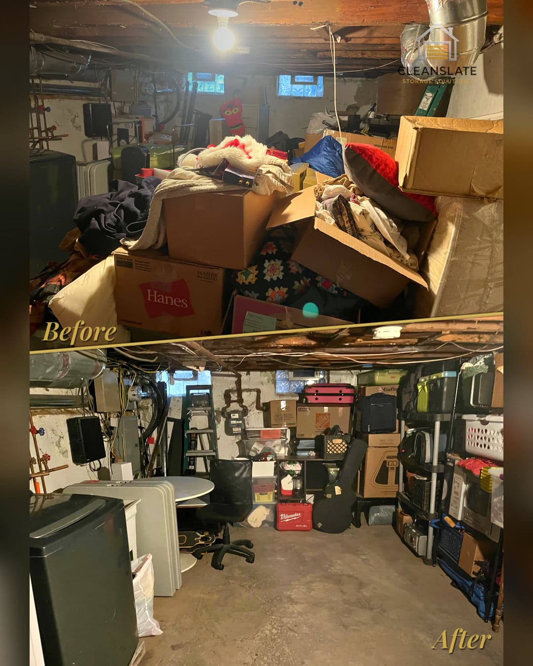 Before and after of a basement CleanSlate transformed in a single day, cleared of stacked boxes and reorganized onto labeled shelving