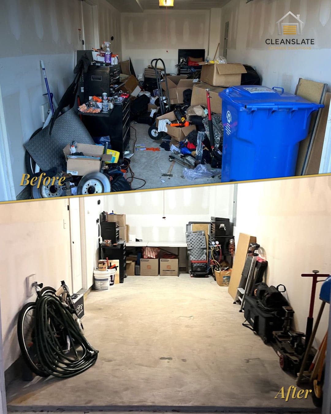 Before and after of a one-car garage in Cinnaminson, NJ, decluttered and organized by CleanSlate in a single day